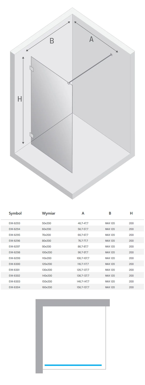 New Trendy Eventa copper shine kabina walk in rysunek techniczny